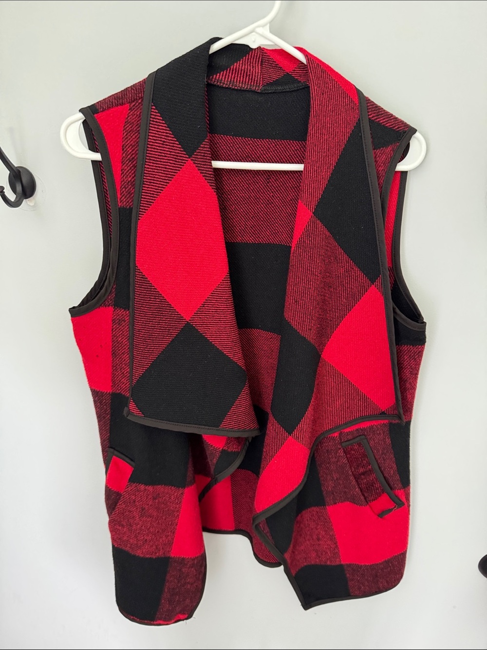 Red and Black Buffalo Plaid Open Front Vest